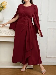 Modelyn 加上勃艮第红色长斗篷袖结侧阿拉伯朴素连衣裙 - 酒紅色 - 查看 1