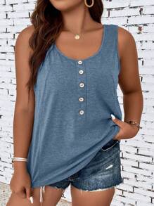 EMERY ROSE Plus Button Front Tank Top For Summer - Blue - View 1