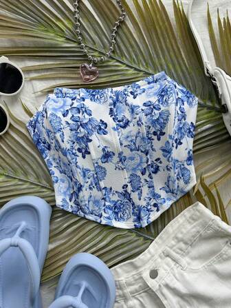 Soleia Style vacances pour femmes, bandeau polyvalent décoré avec impression florale tie-dye bleu et blanc à l'aquarelle, sur un tissu élastique doublé en , idéal pour les mariages, la plage, les festivals de musique, l'été bohème