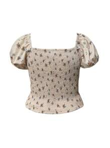 INAWLY Plus Ditsy Floral Print Knot Front Puff Sleeve Blouse For Summer - Multicolor - View 2