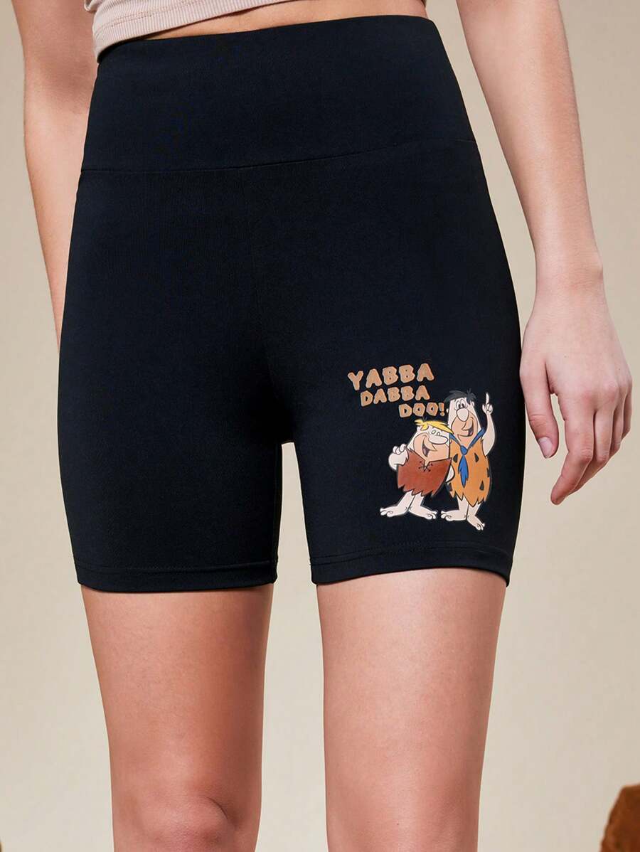 THE FLINTSTONES | SHEIN 女款休閒卡通人物和字母印花彈性腰騎行短褲，夏季 - 黑色 - 查看 1