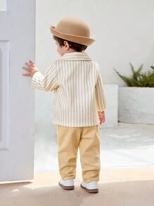SHEIN 男童優雅條紋紳士西裝3件套，適用於秋冬季節 - 杏色 - 查看 2