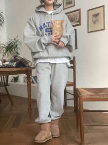 DAZY Letter Graphic Drop Shoulder Drawstring Hoodie Without Tee,Fall Women Clothes Sweatshirt - Grey - View 9