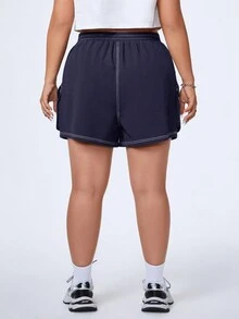 SHEIN EZwear CURVE Plus Quần short thắt lưng có túi có dây rút bên hông - Màu xanh hải quân - Xem 2