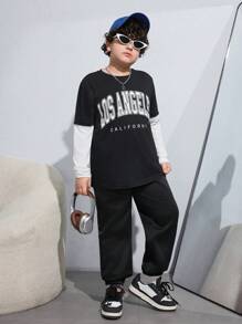 SHEIN Tween Boys Extended Size Color Block Casual 2 In 1 T-Shirt - Black - View 5