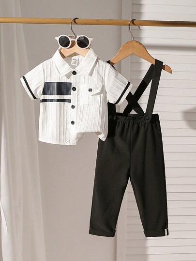 Conjunto de ropa casual para niño bebé que consta de camisa de manga corta a rayas y pantalones largos con tirantes, atuendo de caballero para uso diario