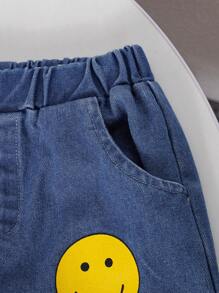 New Summer Toddler Baby Girls' Casual  Elastic Comfortable Short Cami Top With Smile Face Prints And Ripped Jeans