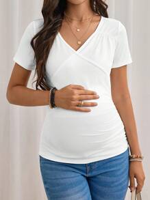 SHEIN Maternity Solid V Neck Casual Tee For Summer