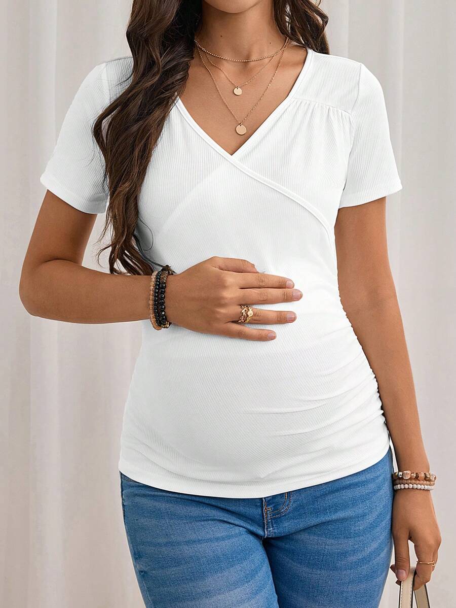 SHEIN Maternity Solid V Neck Casual Tee For Summer