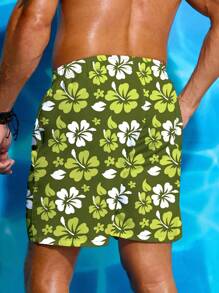 Surfspeed Men's Floral Printed Drawstring Elastic Waist Loose Beach Shorts, Holiday - Olive Green - View 2
