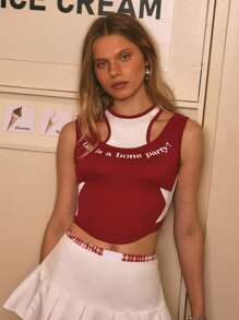 Magic Garden Artist Sport And Streetwear Women's Round Neck Hollow Out Color-Block Crop Top, Slim Fit It's A Bone Party Print Tank Top, Holiday, Vacation, Spring & Summer, Beach, Going Out, Festival, For Workout, Ibiza Fits, Western Wear