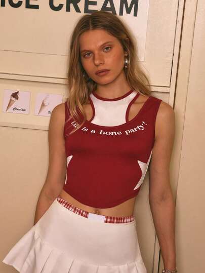 Felipe Marques Artist Sport And Streetwear Women's Round Neck Hollow Out Color-Block Crop Top, Slim Fit It's A Bone Party Print Tank Top, Holiday, Vacation, Spring & Summer, Beach, Going Out, Festival, For Workout, Ibiza Fits, Western Wear