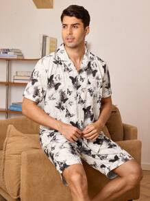 Men Tie Dye Butterfly Print Top & Shorts PJ Set / Pajama Set - Multicolor - View 2