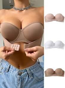 3入組女士純色簡約無肩帶胸罩 - 彩色 - 查看 1