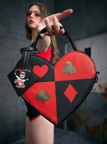Harley Quinn X SHEIN Women's Heart Shaped Shoulder Bag With Playing Card & Cartoon Character Print,Lover, Day , Valentine's Day - Multicolor - View 2