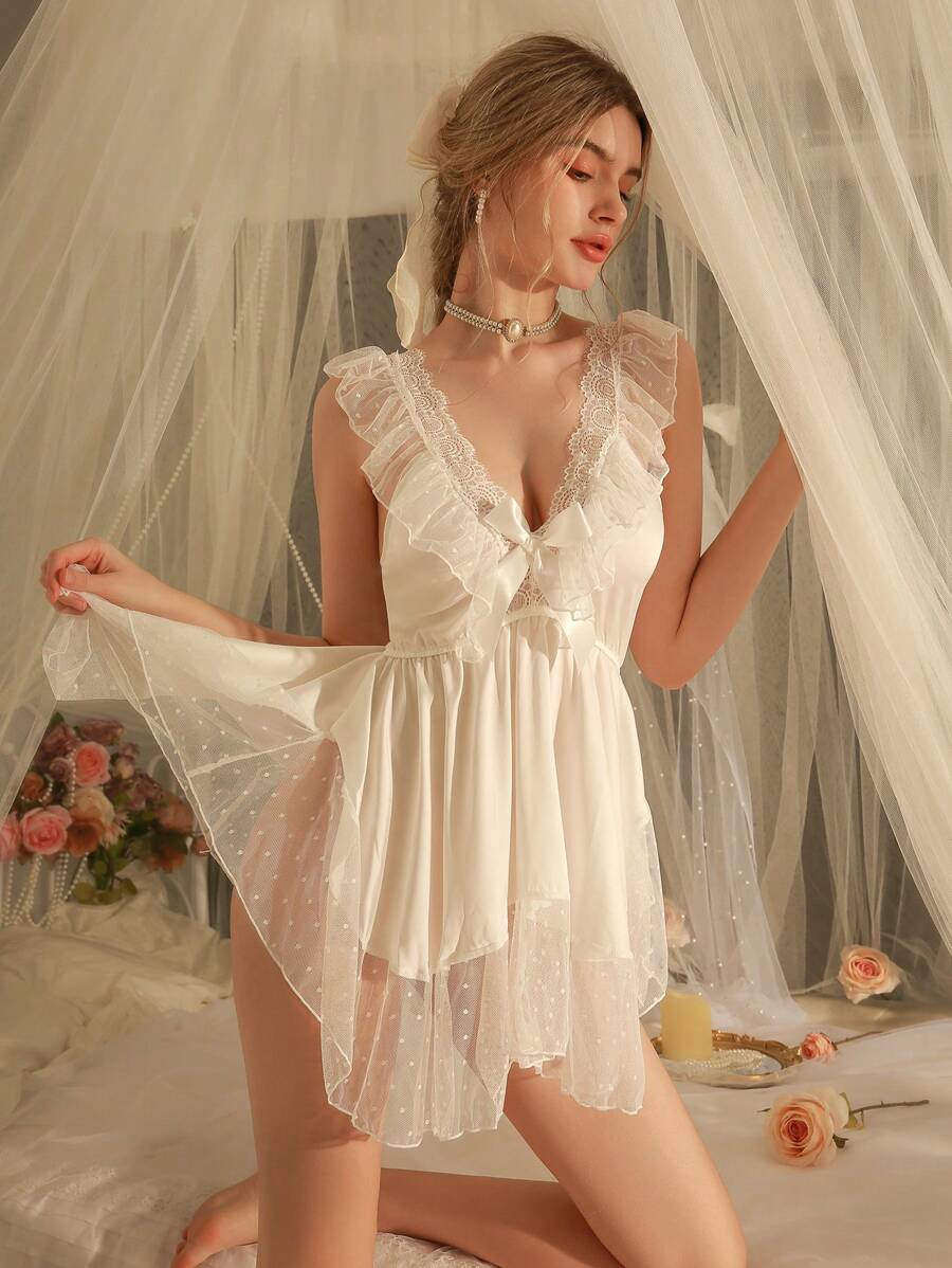 DelicateAllure Contrast Lace Bow Front Satin Night Babydoll Lingerie Dress  Cozy And Elegant Details - White - View 1
