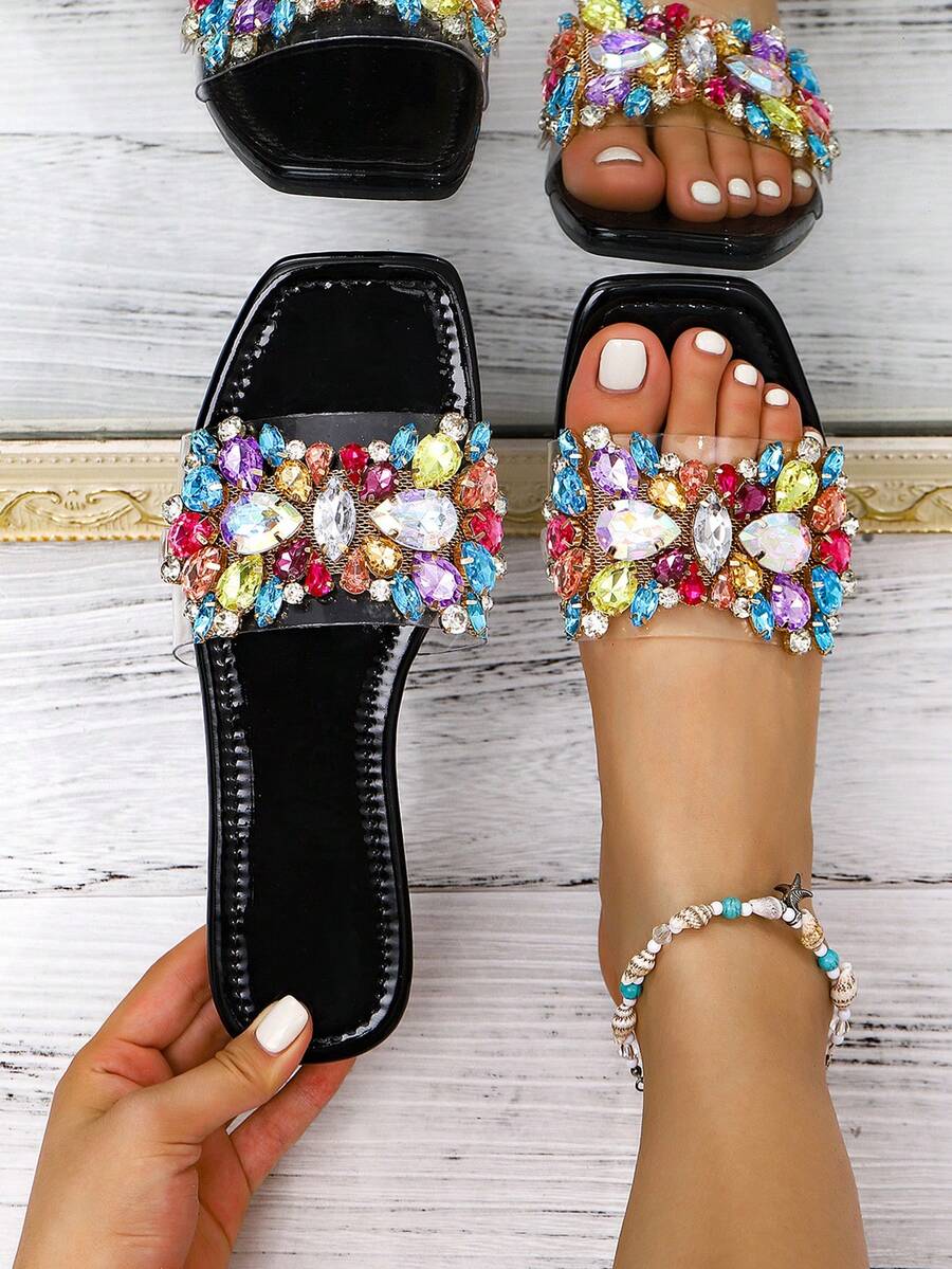 LAUREN WEAL High-End Crystal Decorated Gemstone Women's Sandals With Shiny Rhinestone Buckle - Black - View 1