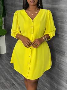 Slaydiva ROBE MINI SLIM A-LINE ÉLÉGANT ET DÉCONTRACTÉ POUR LES VACANCES EN JAUNE unicolore, STYLE CHEMISE AVEC PLASTRON OUVERT POUR FEMMES grande taille, PRINTEMPS/ÉTÉ -E