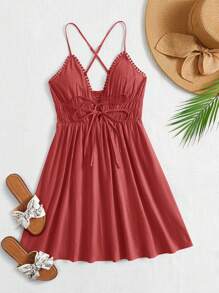 Soleia Của phụ nữ Mặt trước Buộc Dây đai Xù Hoa Sen Váy lúc lắc - Màu hồng gỉ - Xem 1