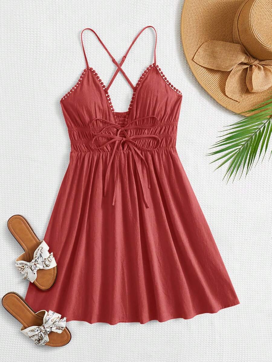 Soleia Của phụ nữ Mặt trước Buộc Dây đai Xù Hoa Sen Váy lúc lắc - Màu hồng gỉ - Xem 1