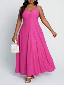 SHEIN Lady Vestido largo casual rosa de tirantes finos de corte evasé para mujer talla grande, vestidos de mujer para eventos, atuendos de salida - Rojo - Ver 6