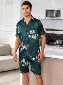 Men's Silk-Like Short Sleeve Shorts Pajama Set For Home,  Couples Matching Outfits - Green - View 6