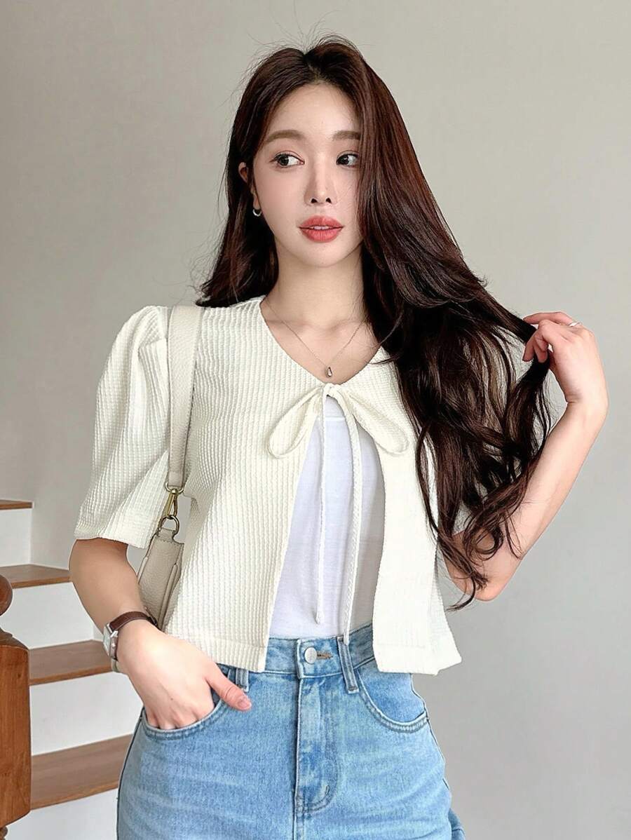 DAZY 纯色短袖系带前 V 领女式衬衫夏季 - 白色 - 查看 1
