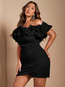 SHEIN BAE Vestido largo de sirena elegante rojo rosa de talla grande para mujer con cuello de globo, hombro descubierto, cintura y hueco para fiesta