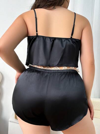 Plus Size Contrast Lace Trimmed Cami Pajama Set And Waistband Floral French Style Satin Lounge Pants