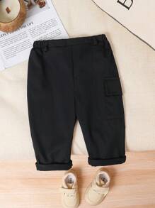 SHEIN Baby Boy Casual Solid Color Pants With Pockets And Elastic Waistband, Suitable For Spring And Summer - Black - View 8