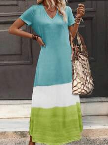 SHEIN LUNE Color Block Batwing Sleeve Tee Dress - Multicolor - View 1