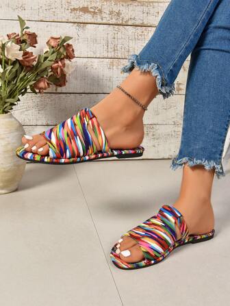 抽象彩虹不对称女士平底凉鞋，绑带彩色时尚沙滩鞋