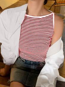 DAZY Top corto de cuello de barco de rayas para mujer, informal de negocios para verano - Rojo y blanco - Ver 5