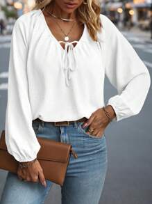 EMERY ROSE Plus Tie Neck Lantern Sleeve Blouse Fall Cloth For Women - White - View 4