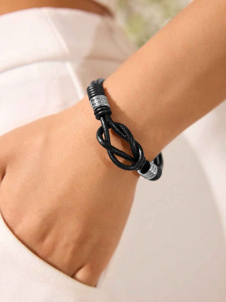 SHEIN SXY 1入女士時尚皮質手鍊，適合日常佩戴 - 黑色 - 查看 1