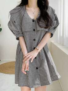 夏季格子寬鬆短袖女裝短裙 - 黑與白 - 查看 6