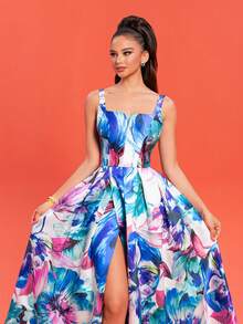 花卉印花开叉大腿正式吊带连衣裙优雅舞会晚会婚礼宾客礼服，适合毕业典礼、晚宴 - 藍色 - 查看 4