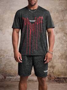 Manfinity Roughcore Men Plus Size Slogan Graphic Men Summer Clothes Tee & Drawstring Waist Shorts - Black - View 6