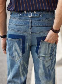 Manfinity Homme جينز رجالي بقصة مستقيمة ممزق - أزرق داكن - مشاهدة 3