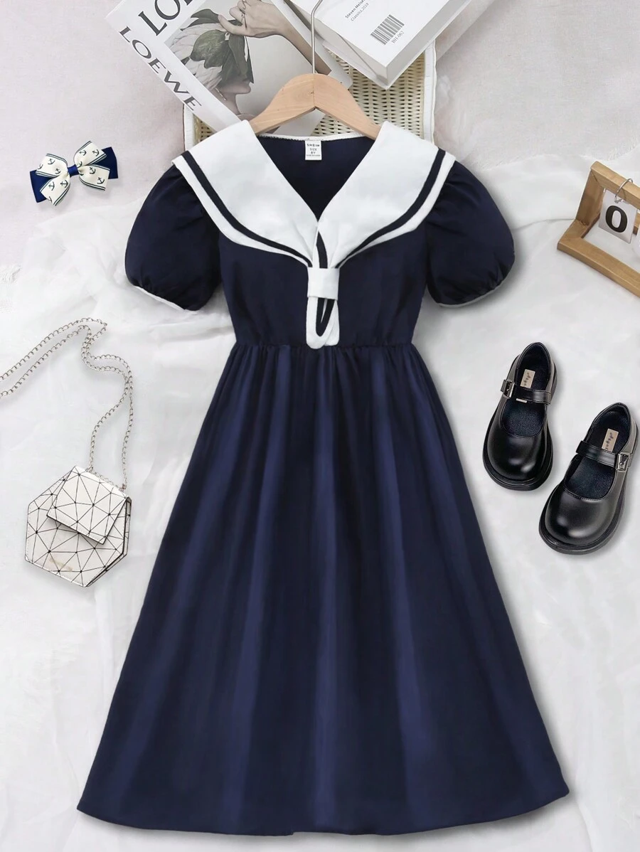 Vestido Estilo Colegial de Manga Curta com Colarinho de Marinheiro para Meninas - Azul Royal - Visão 1