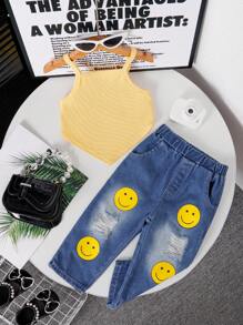 New Summer Toddler Baby Girls' Casual  Elastic Comfortable Short Cami Top With Smile Face Prints And Ripped Jeans