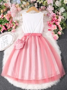 SHEIN Tween Girl Floral ärmlös mesh kontrastklänningset (inklusive väska) - Rosa - Visa 2