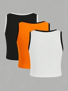 3pcs/Set Tween Girl Knitted Color Block Round Neck Sleeveless Tank Top For Spring And Summer Leisure Sports - Multicolor - View 2