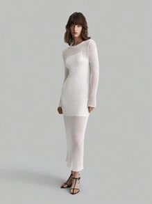 Ontre Damen lang gestrickes Kleid mit Hohlmuster, weiß, für die Herbstsaison - Weiss - Übersicht 3