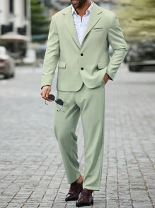 Manfinity Mode Conjunto de traje casual para hombre de talla grande con chaqueta de traje de manga larga con cierre de un solo botón y pantalones de traje con bolsillos en unicolor - Verde - Ver 5