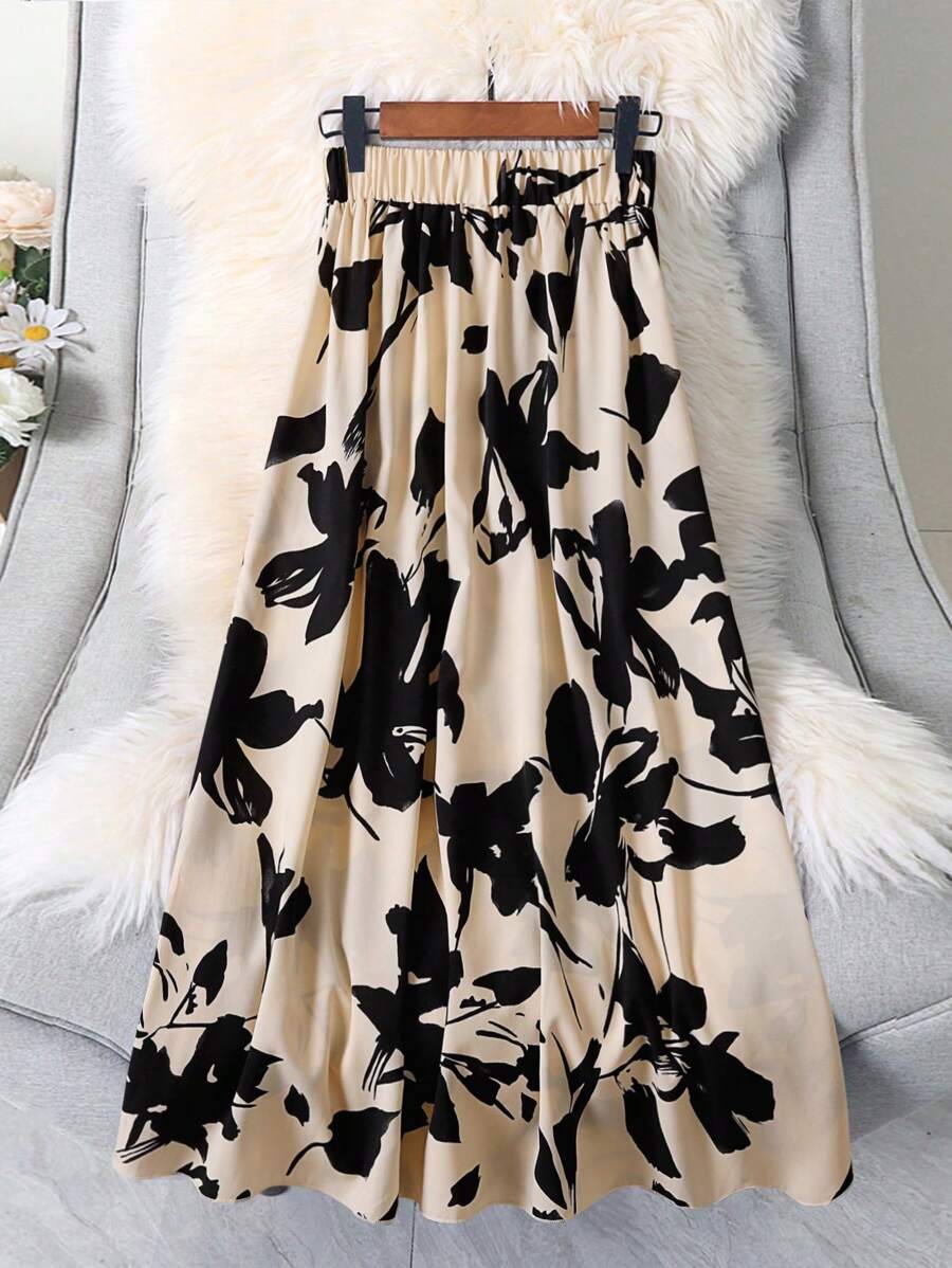 EARO Plus Size Women's Floral Print Elastic Waist Maxi Casual Skirt