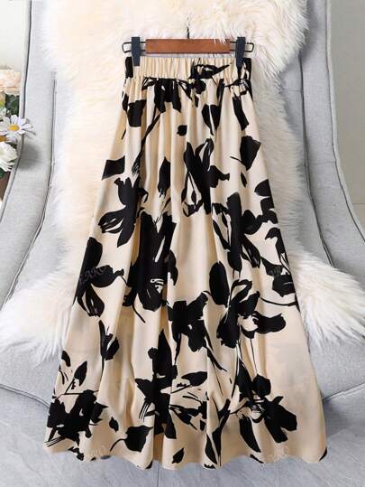 EARO Plus Size Women's Floral Print Elastic Waist Maxi Casual Skirt