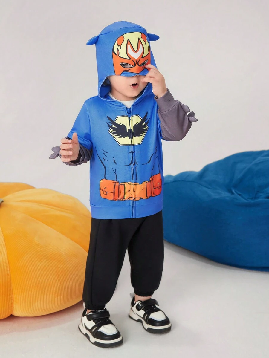 SHEIN Boys' Casual Cute Fun 3D Horned Sleeves Hooded Jacket, Infant/Toddler - Blue - View 1