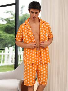 Men Allover Print PJ Set / Pajama Set For Daily - Orange - View 5