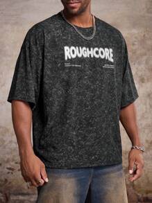 Manfinity Roughcore Maglietta da uomo oversize con stampa di lettere, scollo rotondo, manica raglan, adatta per l'estate - nero - Visualizzare 4